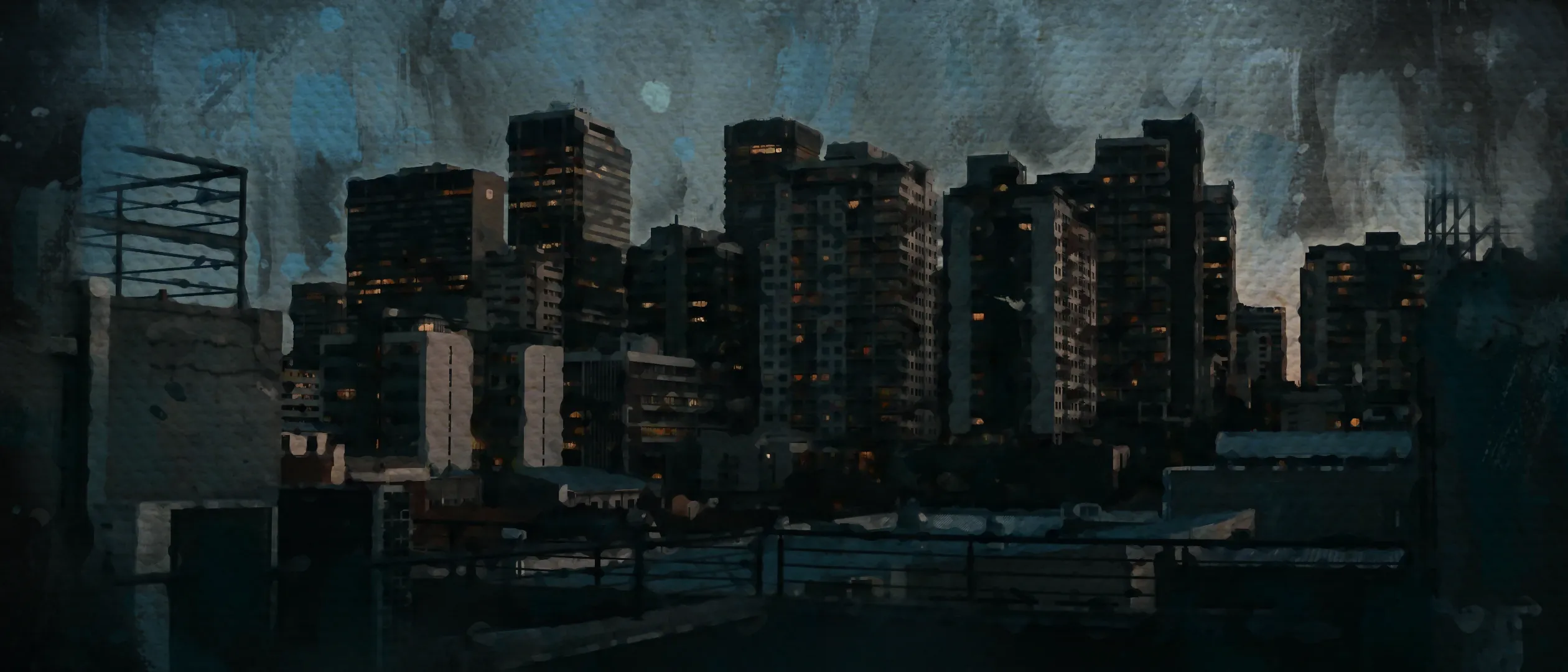 Painted treatment of the Johannesburg skyline at dusk, seen across rooftops with tower lights coming on against a cooling sky.