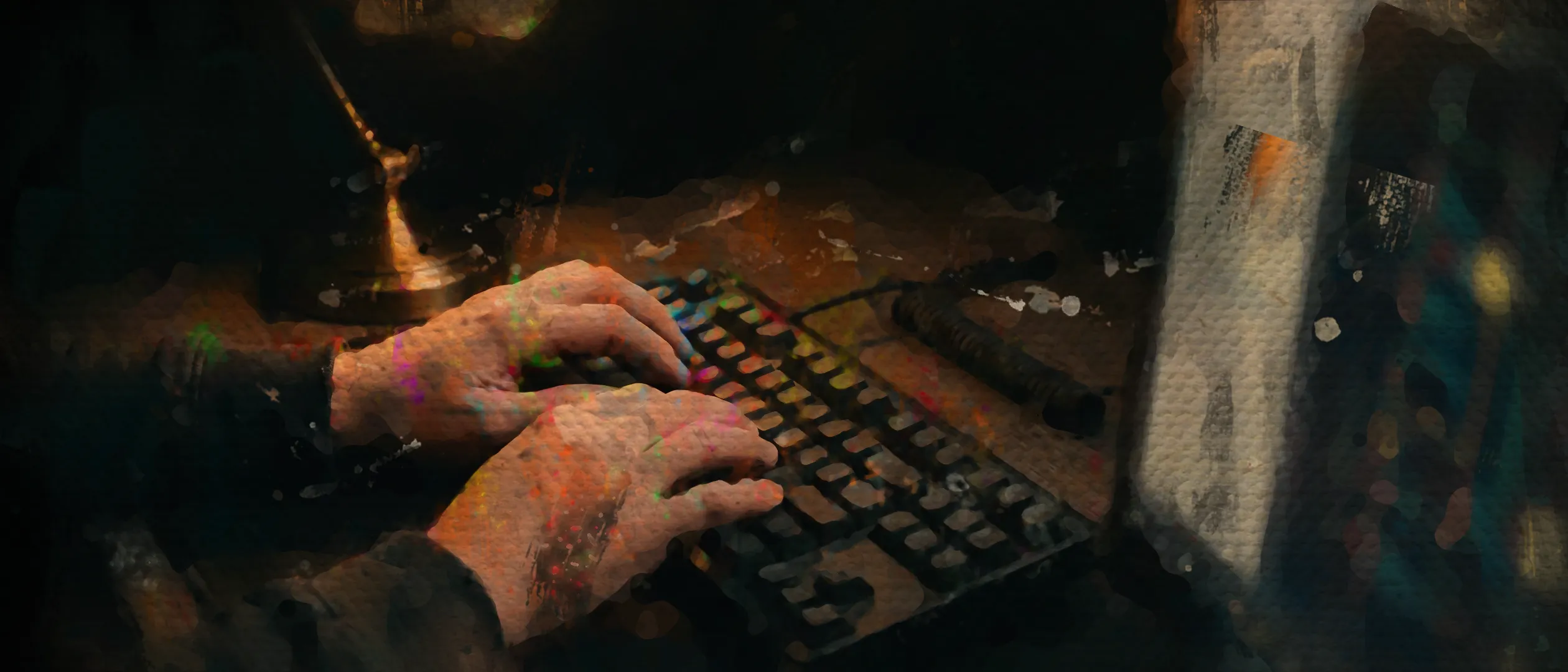 Painted treatment of hands on a mechanical keyboard at a dark desk, a brass lamp lighting the keys and a code editor open on the monitor alongside.