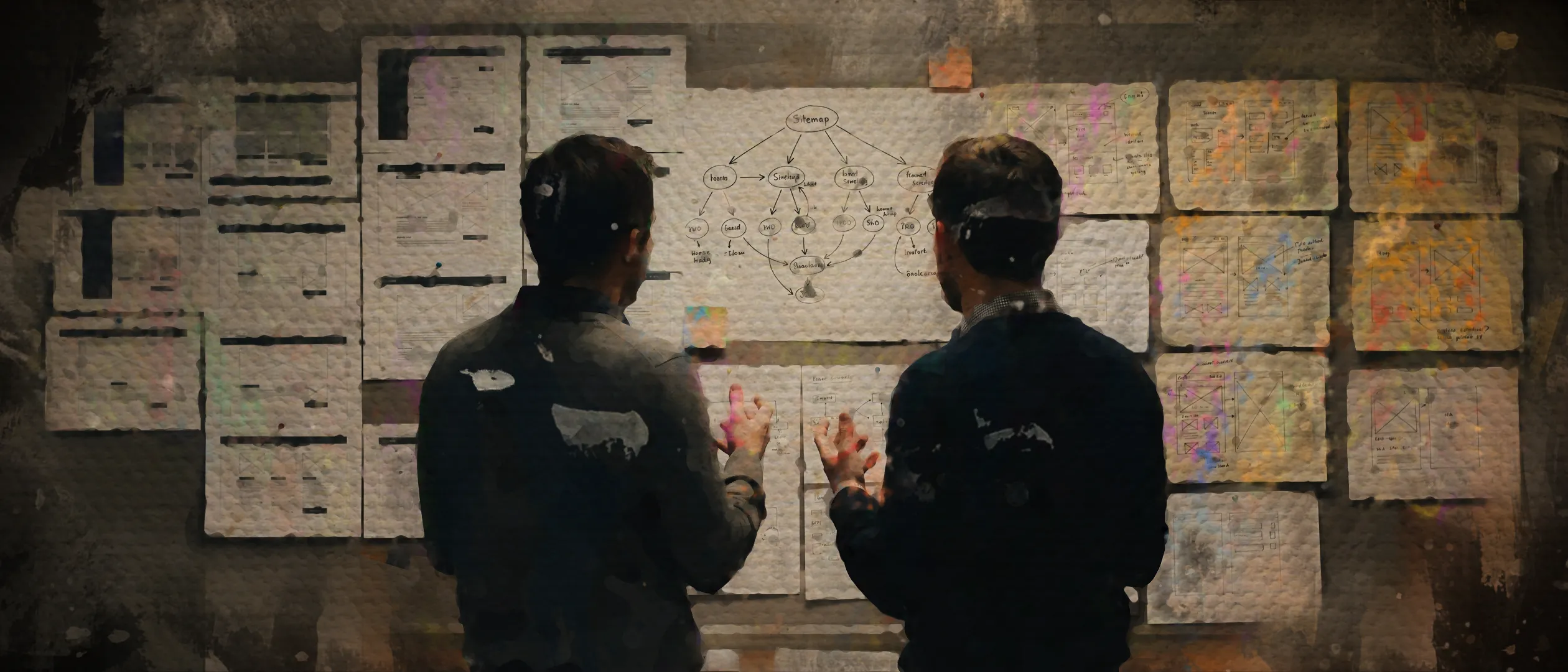 Painted treatment of two people seen from behind at a wall of printed wireframes and a hand-drawn sitemap, one of them mid-gesture at a flow diagram.