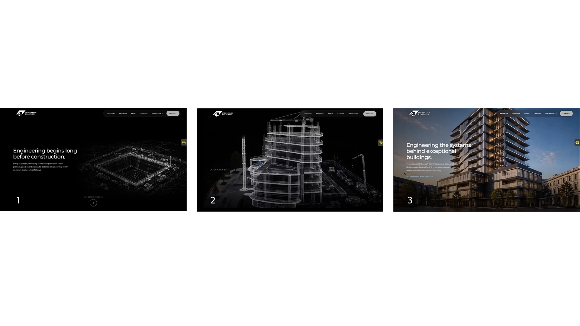Three frames from the scroll cinematic side by side: an establishing wide, a mid push-in, and an interior detail.